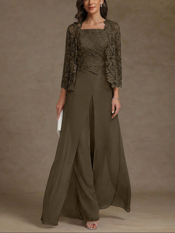 3 Pieces Square Collar Chiffon Mother of the Bride Pantsuits with Jacket Lace Ankle-Length with Overskirt 3/4 Sleeves