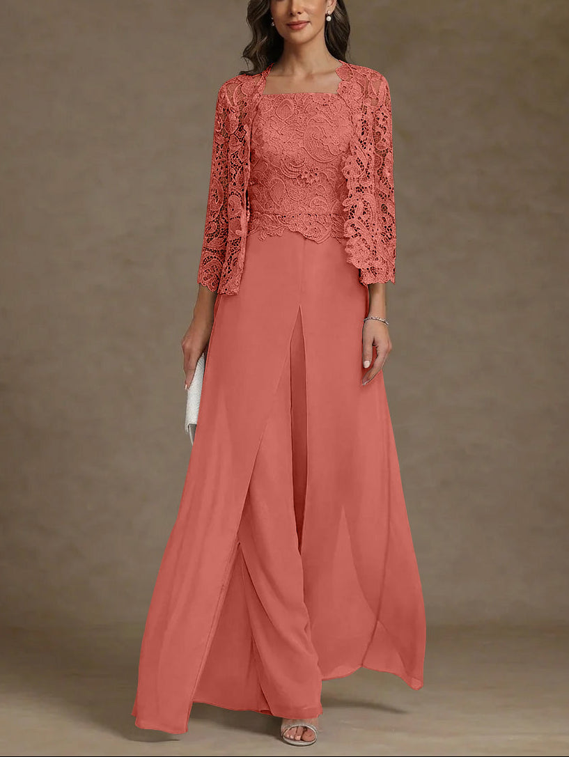 3 Pieces Square Collar Chiffon Mother of the Bride Pantsuits with Jacket Lace Ankle-Length with Overskirt 3/4 Sleeves
