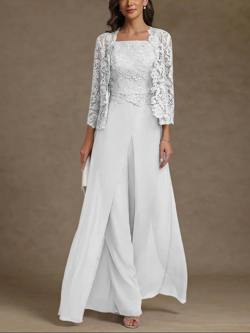 3 Pieces Square Collar Chiffon Mother of the Bride Pantsuits with Jacket Lace Ankle-Length with Overskirt 3/4 Sleeves