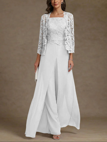 3 Pieces Square Collar Chiffon Mother of the Bride Pantsuits with Jacket Lace Ankle-Length with Overskirt 3/4 Sleeves