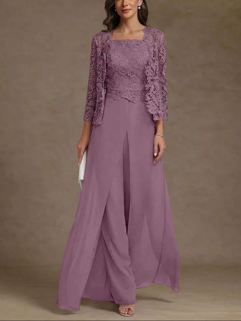 3 Pieces Square Collar Chiffon Mother of the Bride Pantsuits with Jacket Lace Ankle-Length with Overskirt 3/4 Sleeves