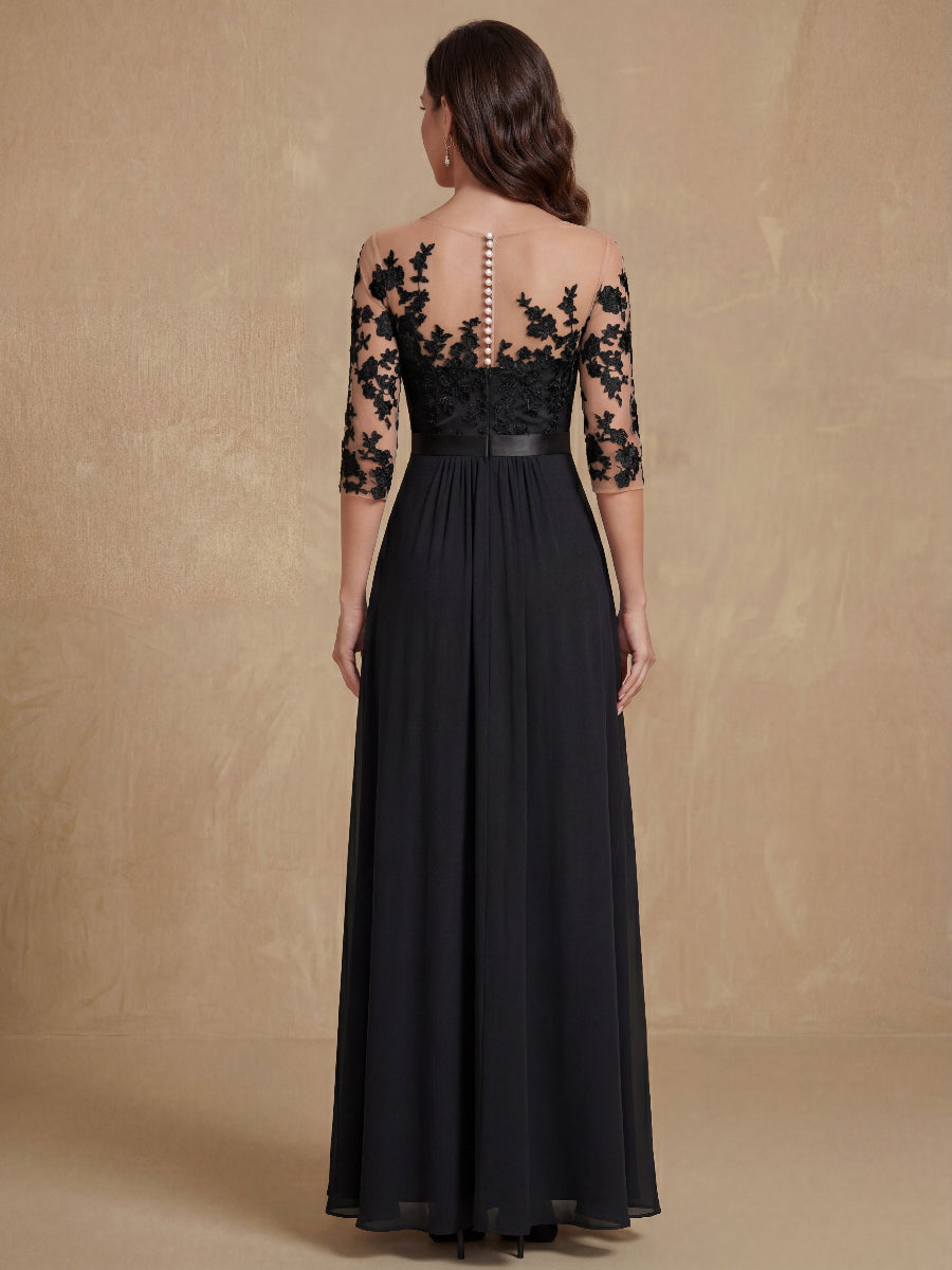 A-Line/Princess Jewel Neck 3/4 Sleeves Floor-Length Pleated Mother of the Bride Dresses with Ruffles & Appliques & Sash