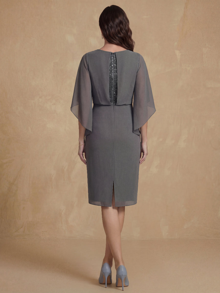 Sheath/Column V-Neck Half Sleeves Knee Length Mother of the Bride & Groom Dresses with Sequins