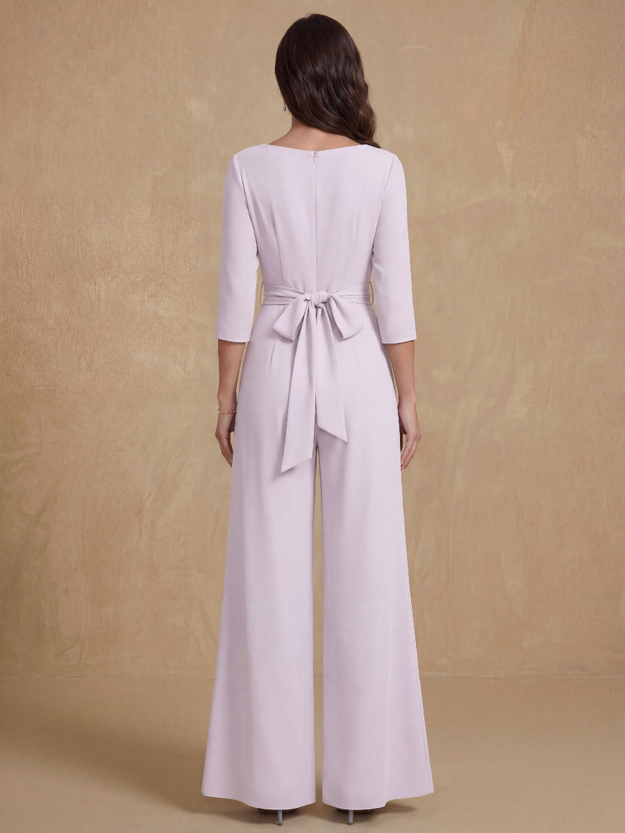 Ruched Chiffon V-Neck 3/4 Sleeves Mother of the Jumpsuit