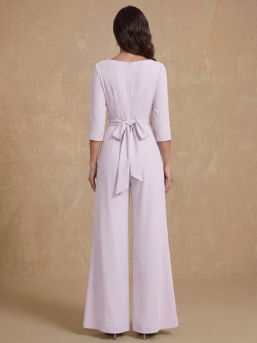 Ruched Chiffon V-Neck 3/4 Sleeves Mother of the Jumpsuit