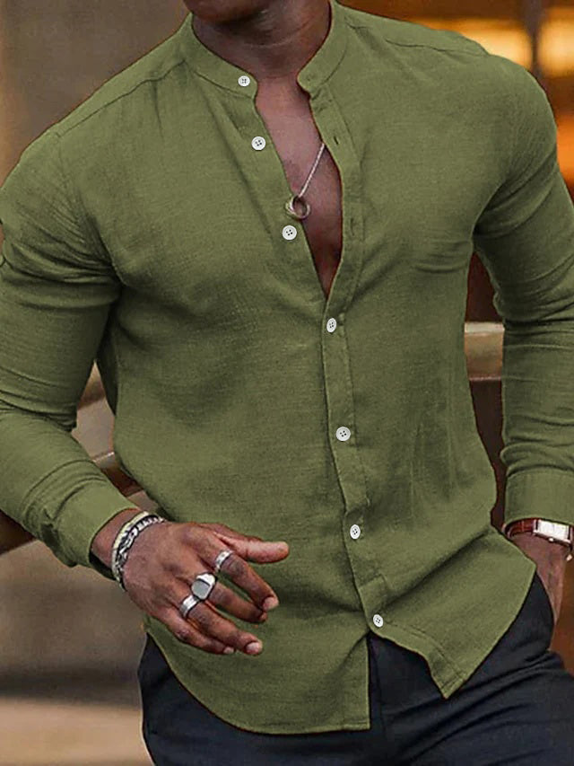 Men's Casual Cotton Linen Long Sleeves Solid Color Shirt