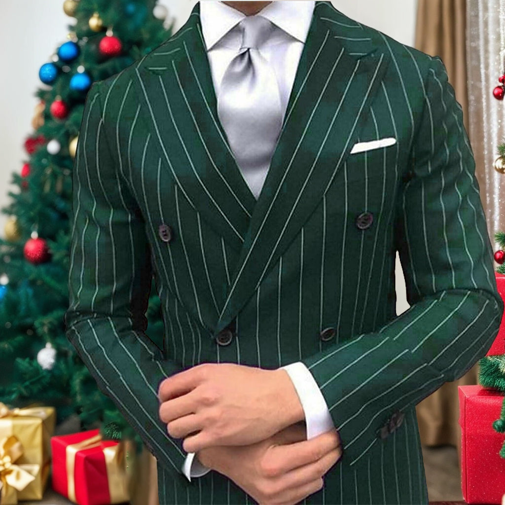 Men's Prom Pinstripe Peak Lapel Business Formal Striped Double Breasted Six-buttons Wedding Suits