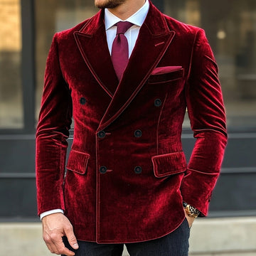 Red Purple Men's Velvet Vintage Standard Fit Double Breasted Six-buttons Blazer Jacket