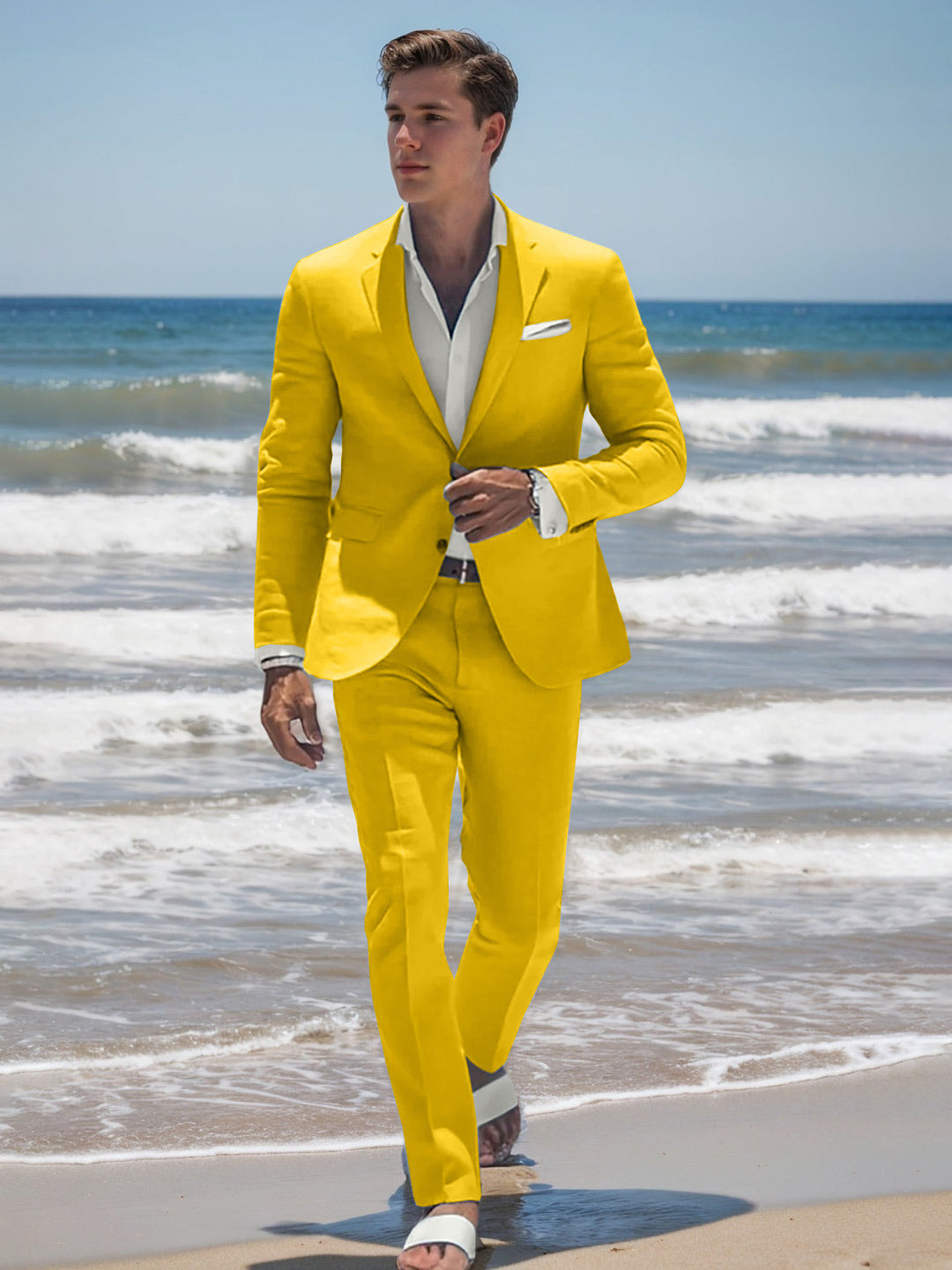 Sky Blue Men's Tailored Fit Single Breasted Two-Buttons Casual Beach Wedding Suits