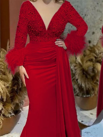 Mermaid/Trumpet V Neck Long Sleeve Court Train Mother of the Bride Dresses Satin with Feather Glitter Ruched