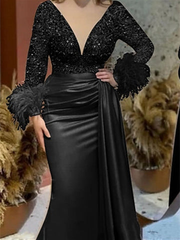 Mermaid/Trumpet V Neck Long Sleeve Court Train Mother of the Bride Dresses Satin with Feather Glitter Ruched