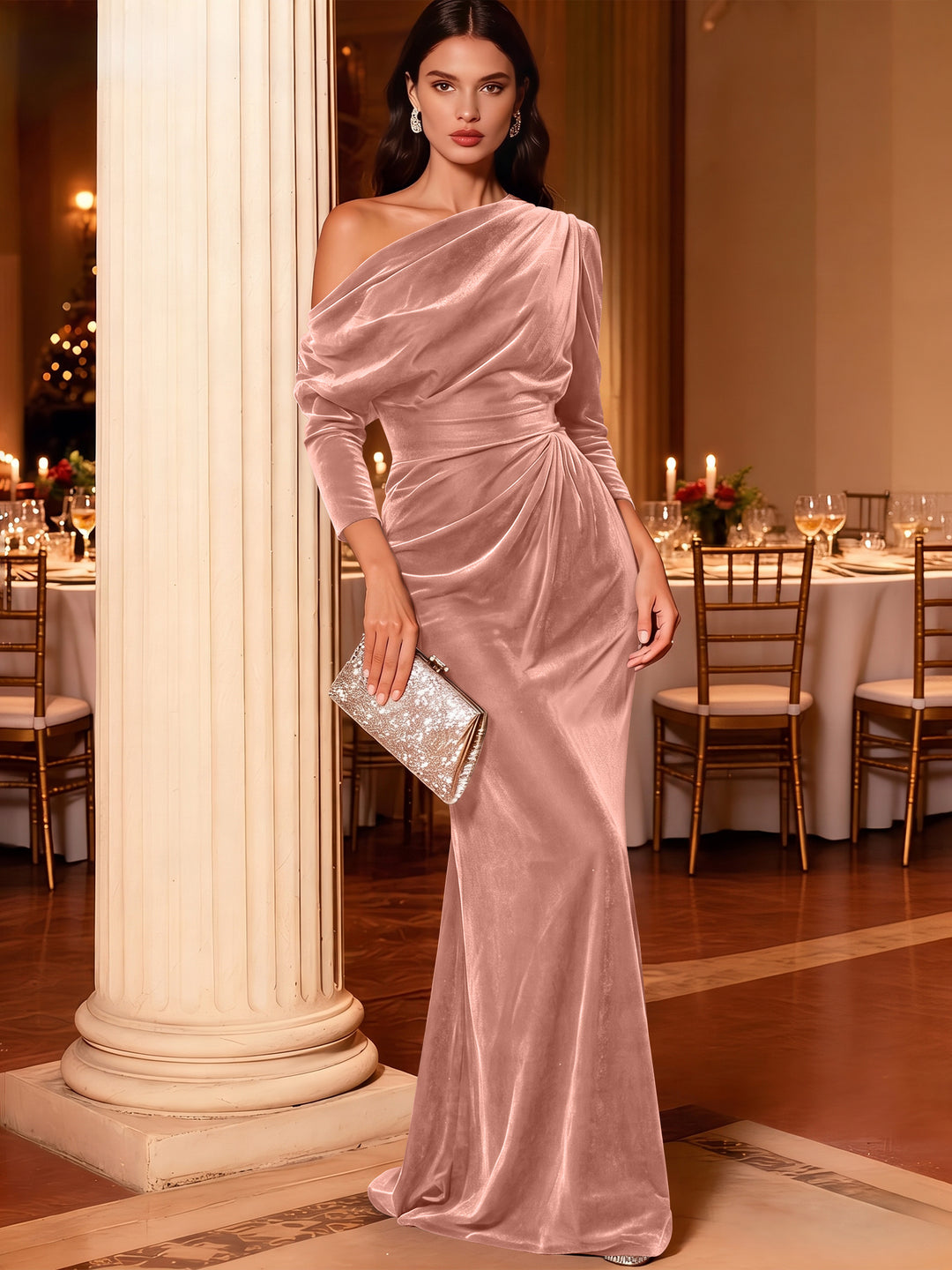 Mermaid Velvet Evening Gown Christmas Party Floor Length One Shoulder Long Sleeves Elegant Formal Dress