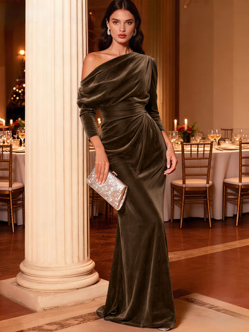 Mermaid Velvet Evening Gown Christmas Party Floor Length One Shoulder Long Sleeves Elegant Formal Dress