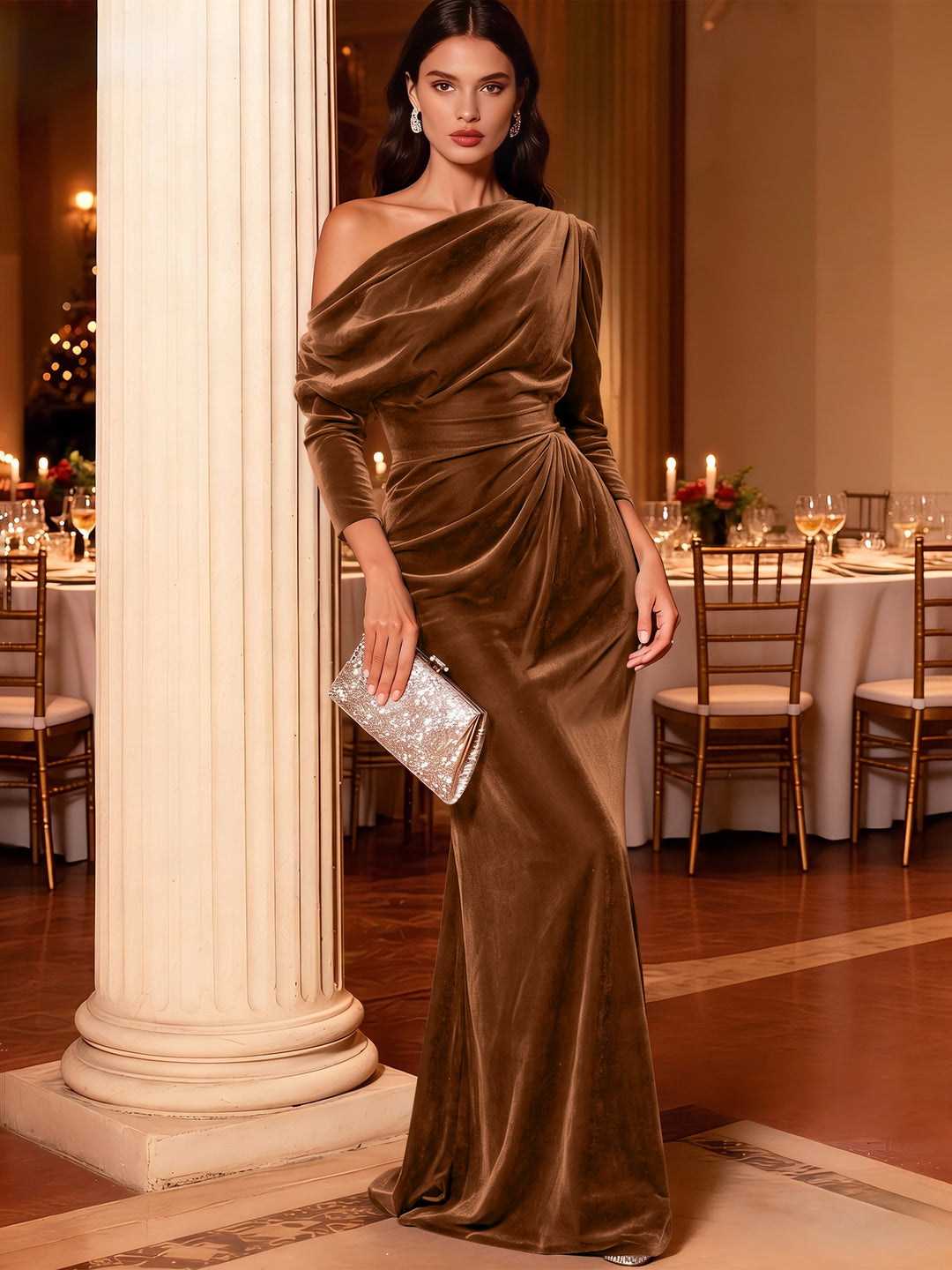 Mermaid Velvet Evening Gown Christmas Party Floor Length One Shoulder Long Sleeves Elegant Formal Dress