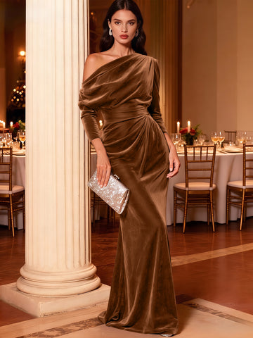 Mermaid Velvet Evening Gown Christmas Party Floor Length One Shoulder Long Sleeves Elegant Formal Dress