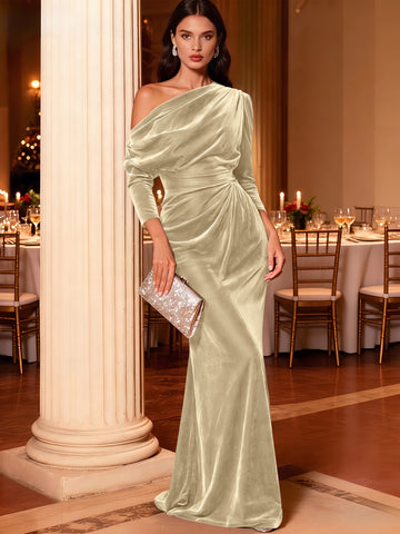 Mermaid Velvet Evening Gown Christmas Party Floor Length One Shoulder Long Sleeves Elegant Formal Dress