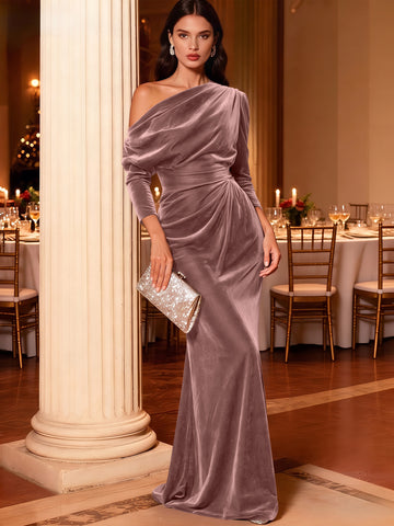Mermaid Velvet Evening Gown Christmas Party Floor Length One Shoulder Long Sleeves Elegant Formal Dress