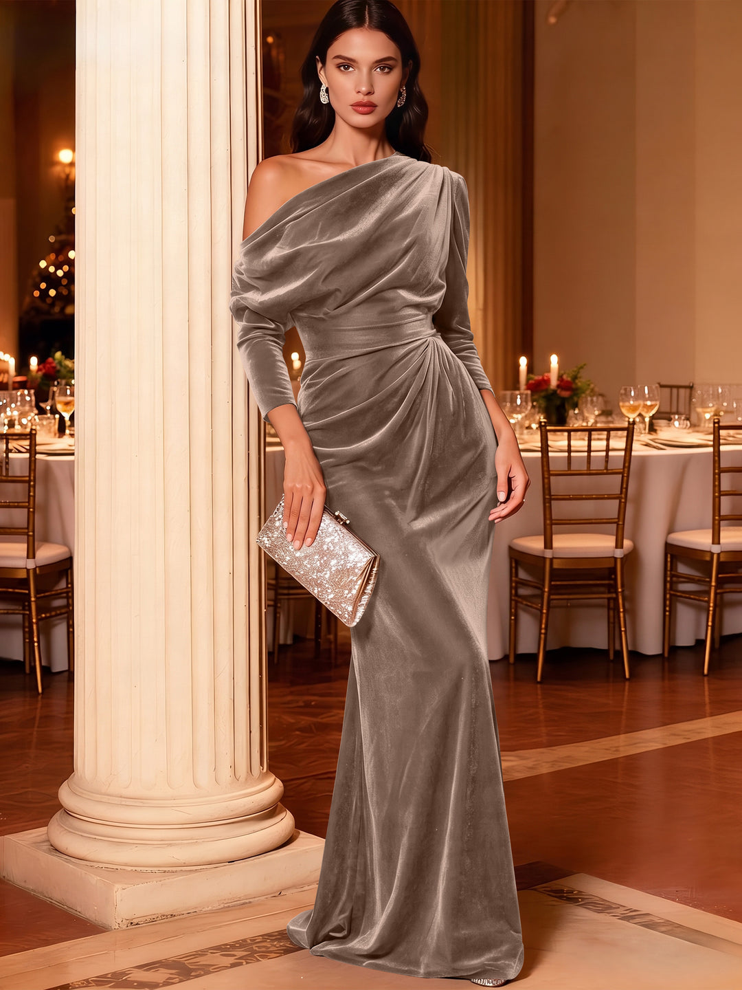 Mermaid Velvet Evening Gown Christmas Party Floor Length One Shoulder Long Sleeves Elegant Formal Dress