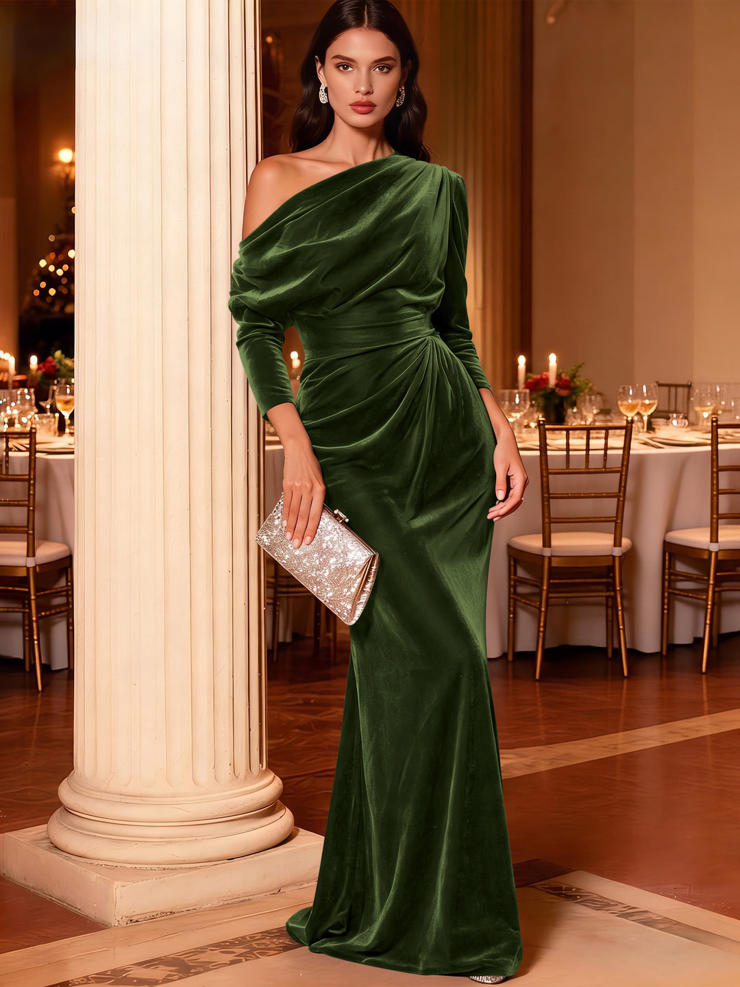 Mermaid Velvet Evening Gown Christmas Party Floor Length One Shoulder Long Sleeves Elegant Formal Dress