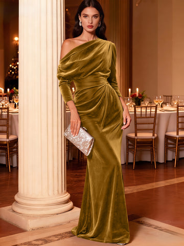 Mermaid Velvet Evening Gown Christmas Party Floor Length One Shoulder Long Sleeves Elegant Formal Dress