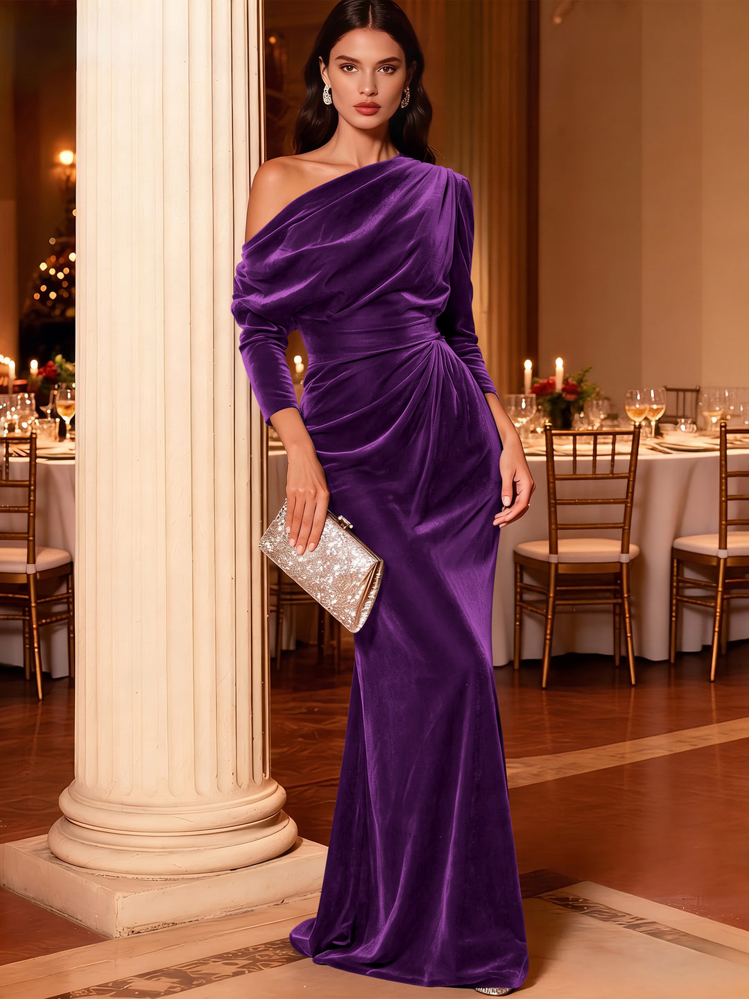 Mermaid Velvet Evening Gown Christmas Party Floor Length One Shoulder Long Sleeves Elegant Formal Dress