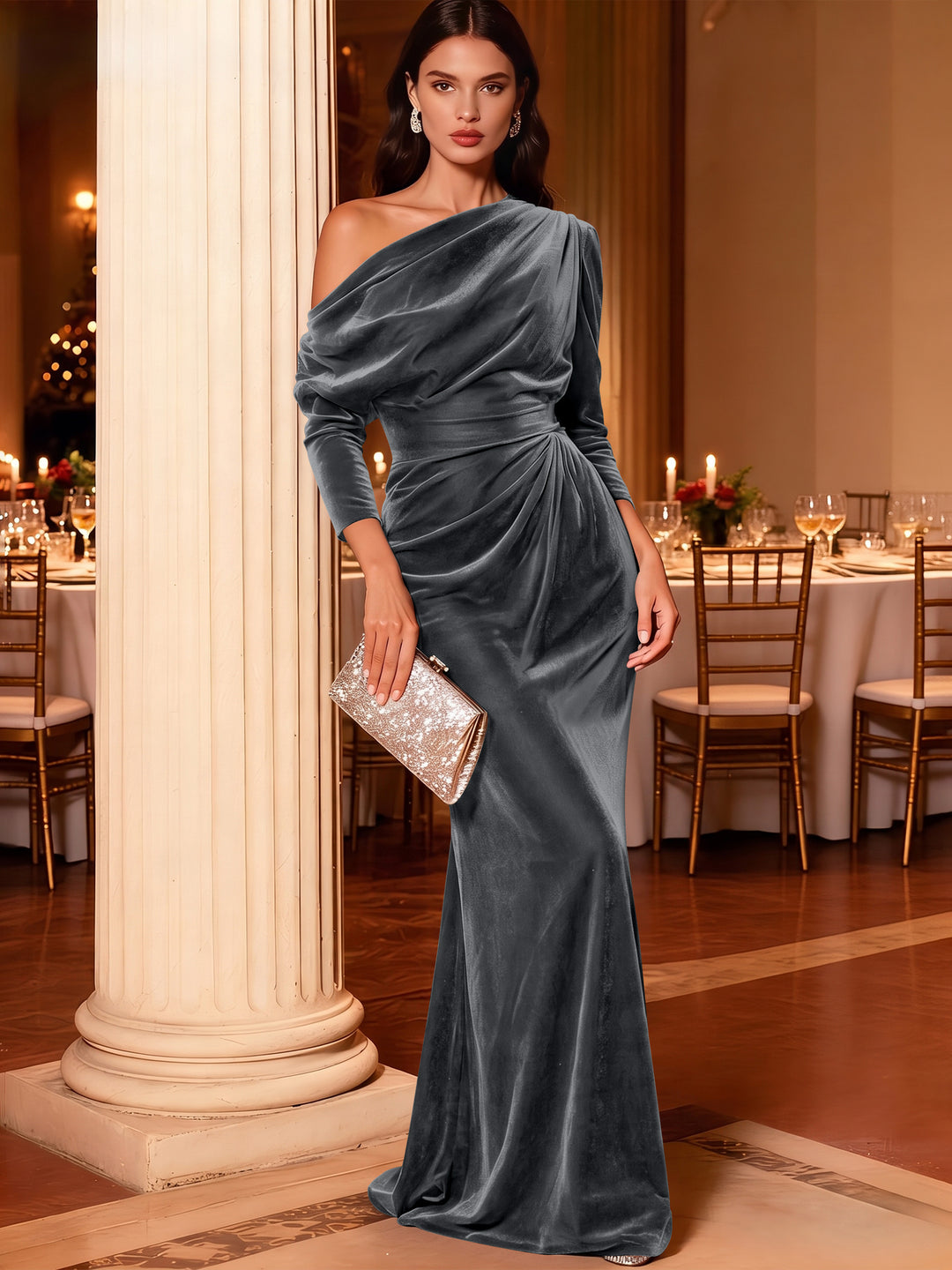 Mermaid Velvet Evening Gown Christmas Party Floor Length One Shoulder Long Sleeves Elegant Formal Dress