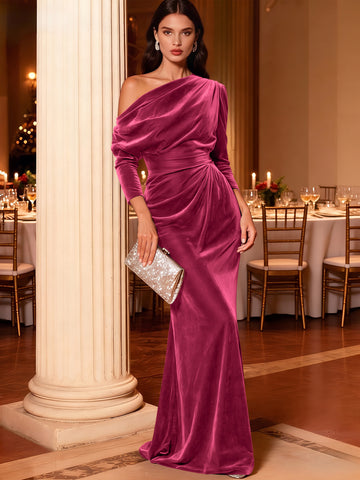 Mermaid Velvet Evening Gown Christmas Party Floor Length One Shoulder Long Sleeves Elegant Formal Dress