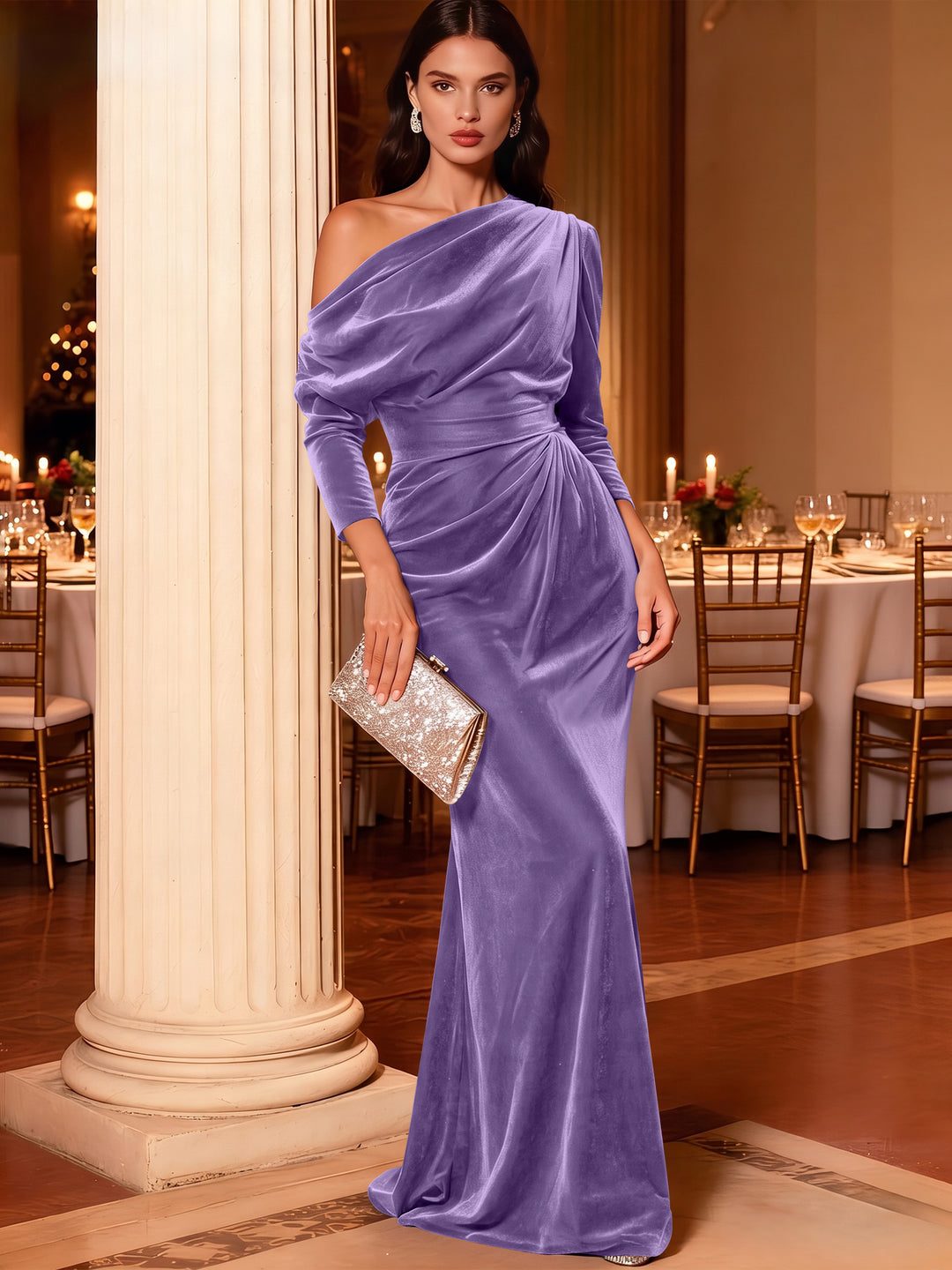 Mermaid Velvet Evening Gown Christmas Party Floor Length One Shoulder Long Sleeves Elegant Formal Dress