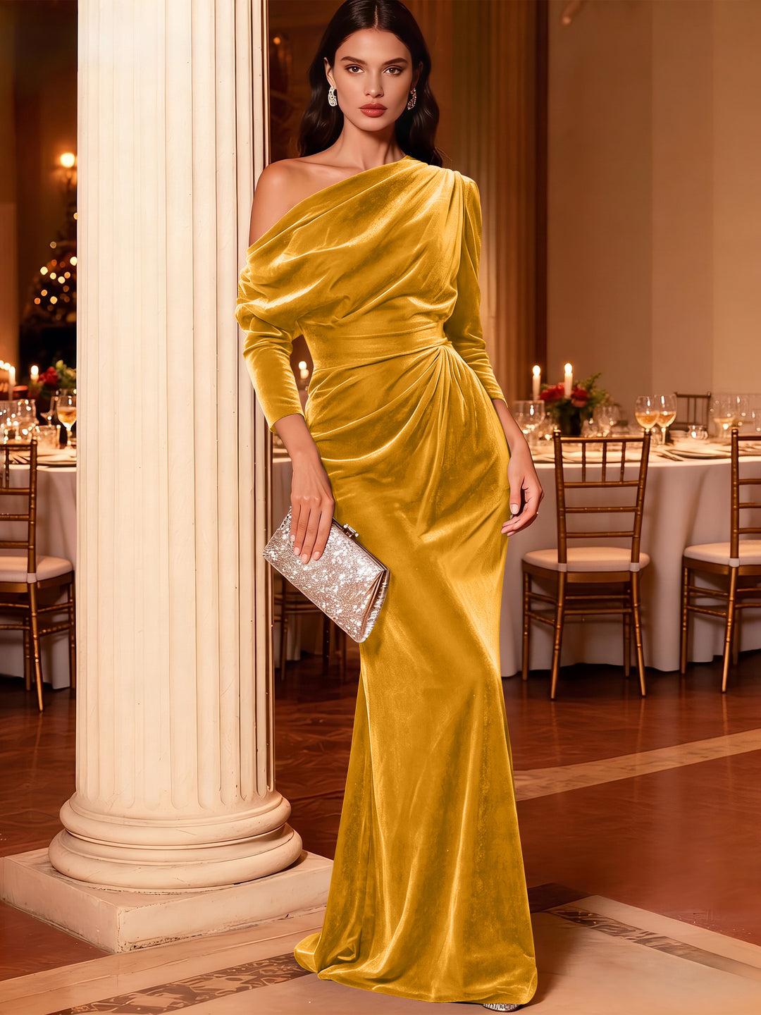 Mermaid Velvet Evening Gown Christmas Party Floor Length One Shoulder Long Sleeves Elegant Formal Dress