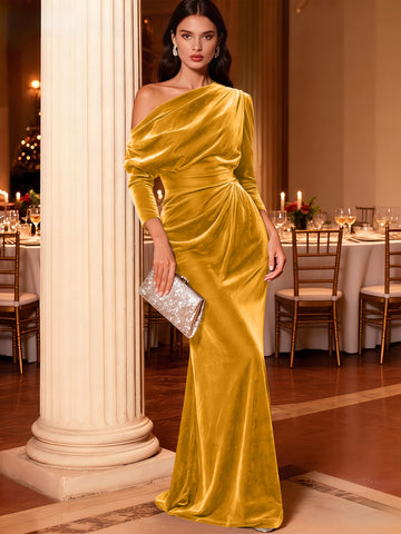 Mermaid Velvet Evening Gown Christmas Party Floor Length One Shoulder Long Sleeves Elegant Formal Dress