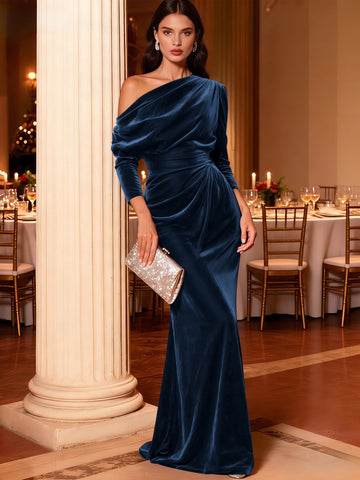 Mermaid Velvet Evening Gown Christmas Party Floor Length One Shoulder Long Sleeves Elegant Formal Dress