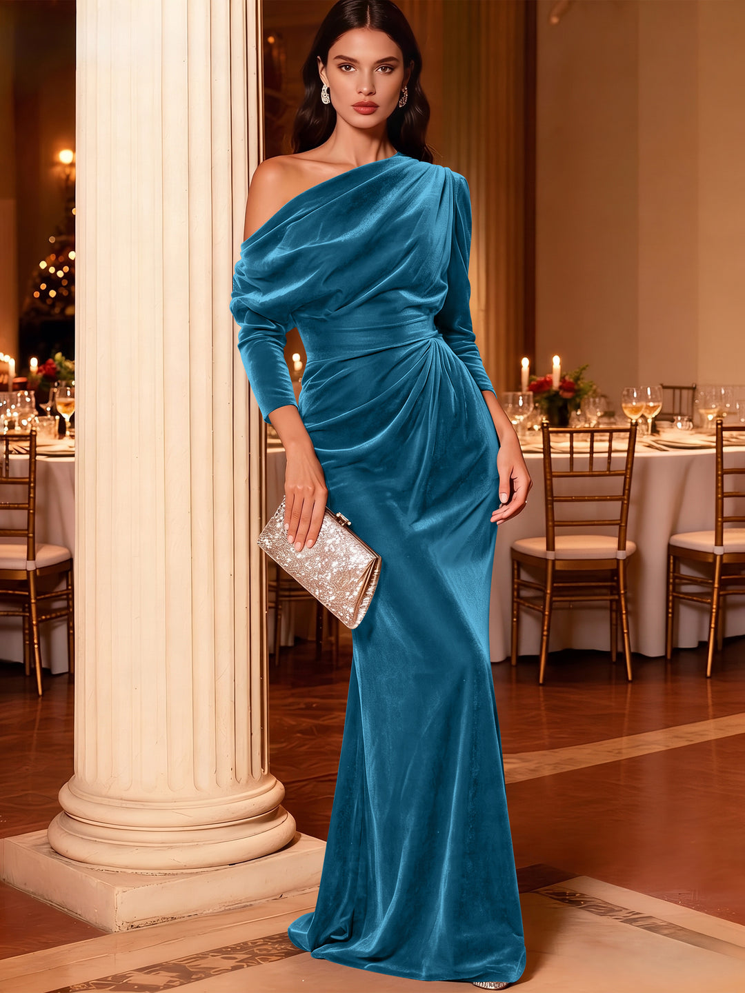 Mermaid Velvet Evening Gown Christmas Party Floor Length One Shoulder Long Sleeves Elegant Formal Dress