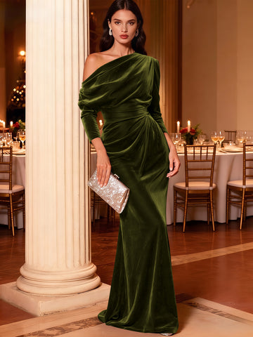 Mermaid Velvet Evening Gown Christmas Party Floor Length One Shoulder Long Sleeves Elegant Formal Dress