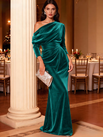 Mermaid Velvet Evening Gown Christmas Party Floor Length One Shoulder Long Sleeves Elegant Formal Dress