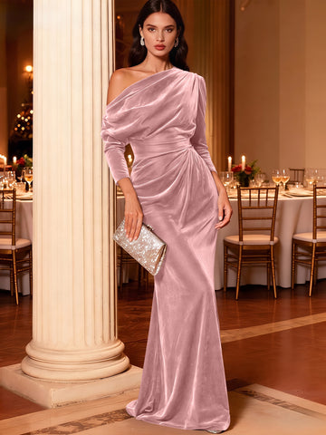 Mermaid Velvet Evening Gown Christmas Party Floor Length One Shoulder Long Sleeves Elegant Formal Dress