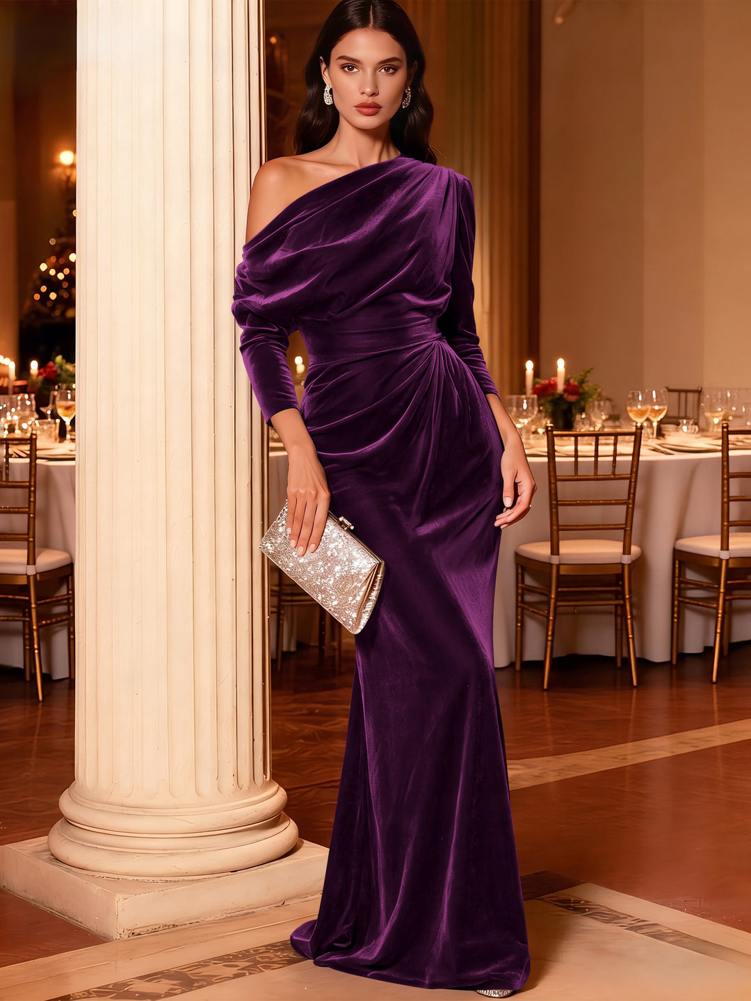 Mermaid Velvet Evening Gown Christmas Party Floor Length One Shoulder Long Sleeves Elegant Formal Dress