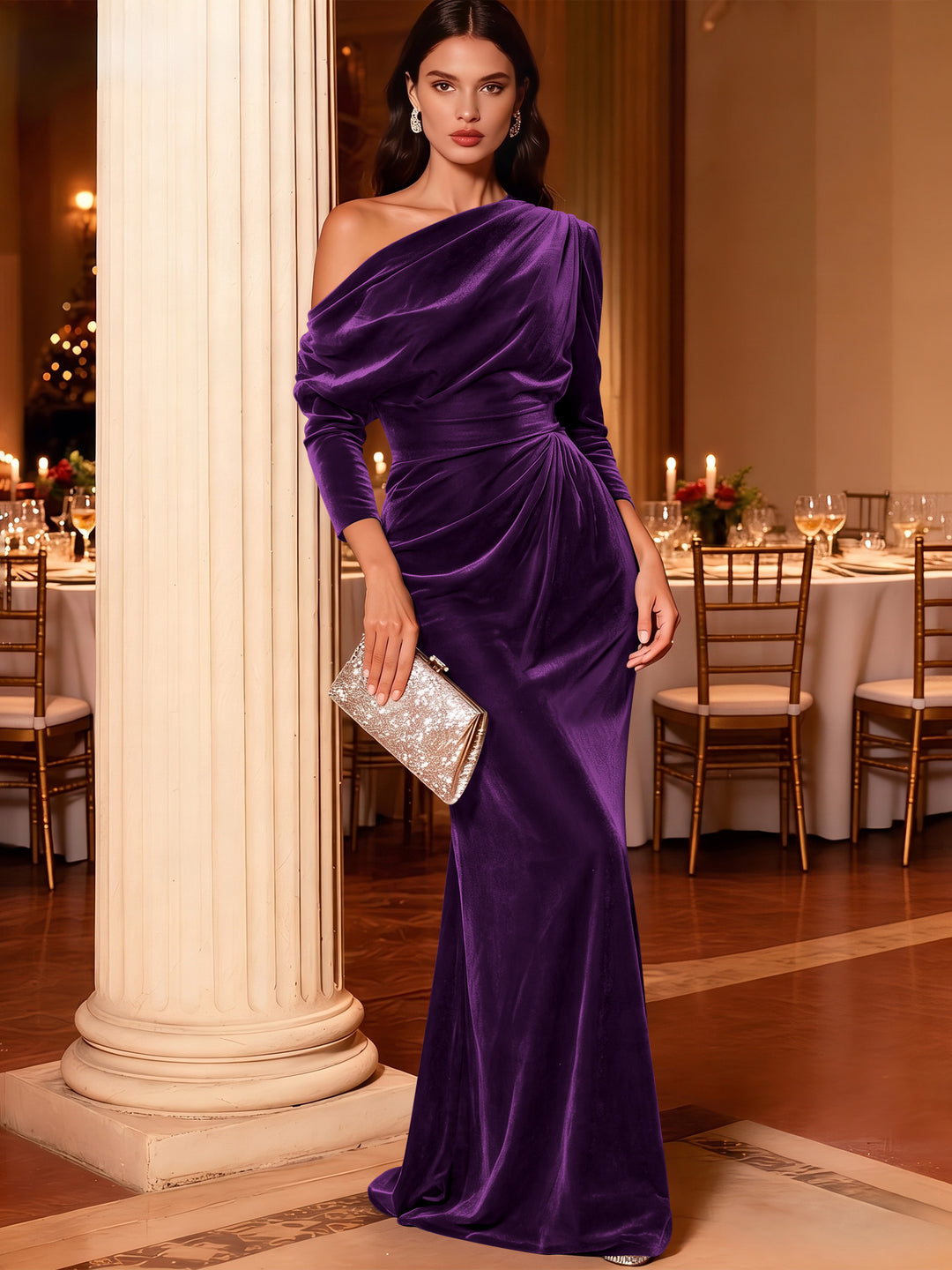 Mermaid Velvet Evening Gown Christmas Party Floor Length One Shoulder Long Sleeves Elegant Formal Dress