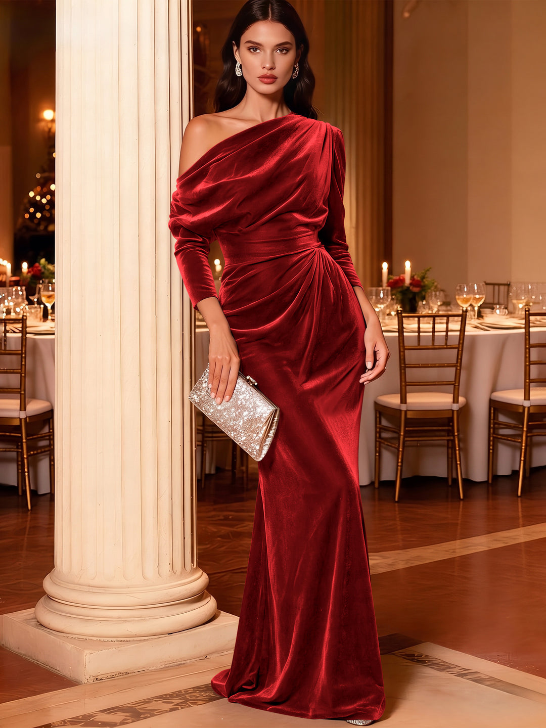 Mermaid Velvet Evening Gown Christmas Party Floor Length One Shoulder Long Sleeves Elegant Formal Dress