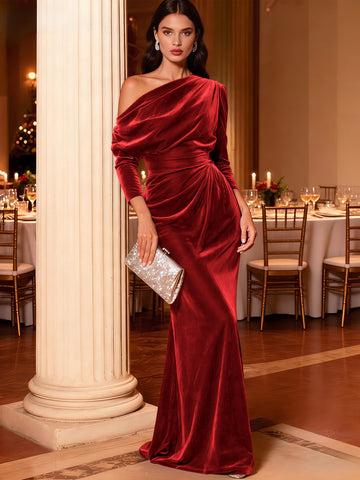 Mermaid Velvet Evening Gown Christmas Party Floor Length One Shoulder Long Sleeves Elegant Formal Dress