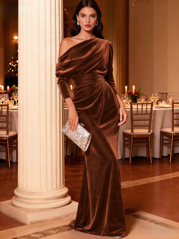 Mermaid Velvet Evening Gown Christmas Party Floor Length One Shoulder Long Sleeves Elegant Formal Dress