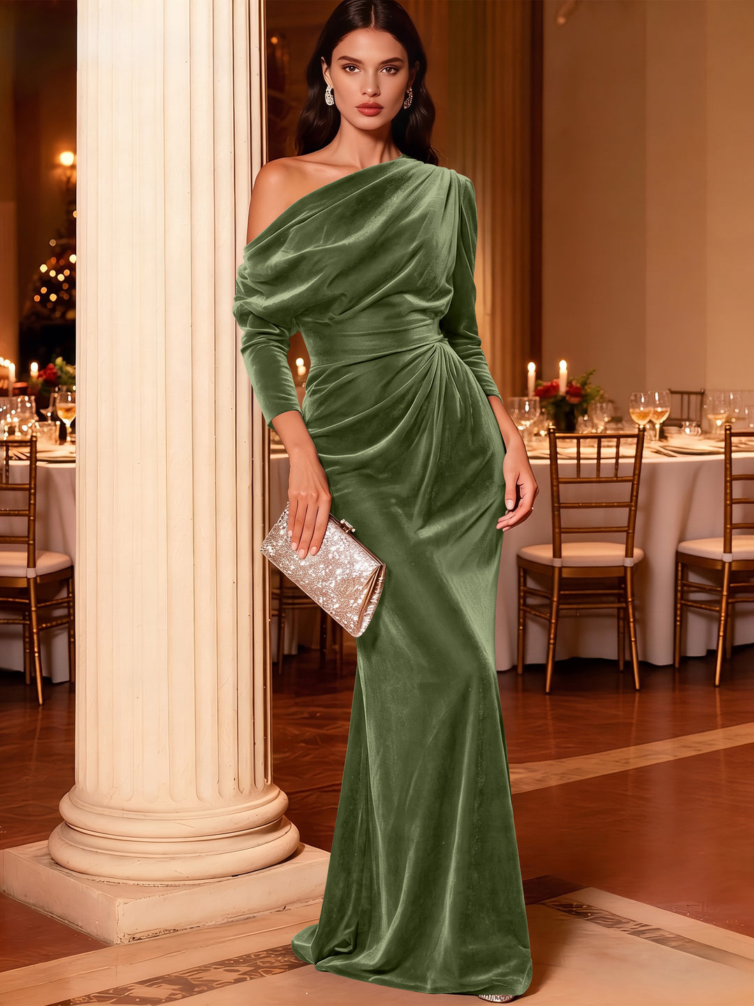 Mermaid Velvet Evening Gown Christmas Party Floor Length One Shoulder Long Sleeves Elegant Formal Dress