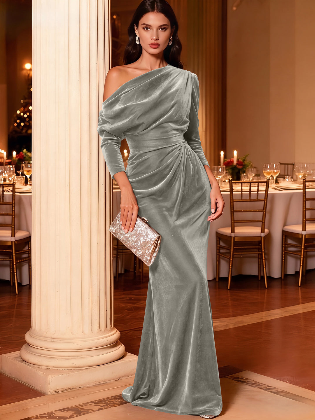 Mermaid Velvet Evening Gown Christmas Party Floor Length One Shoulder Long Sleeves Elegant Formal Dress