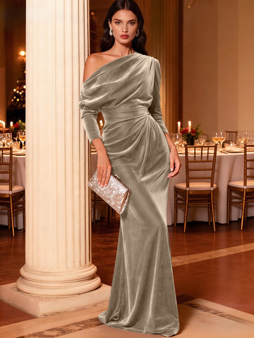 Mermaid Velvet Evening Gown Christmas Party Floor Length One Shoulder Long Sleeves Elegant Formal Dress