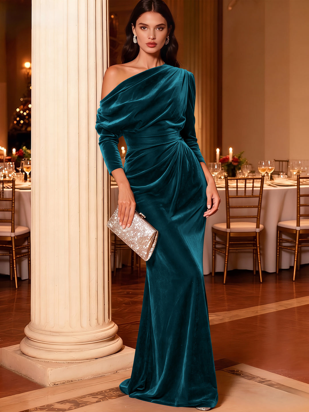 Mermaid Velvet Evening Gown Christmas Party Floor Length One Shoulder Long Sleeves Elegant Formal Dress