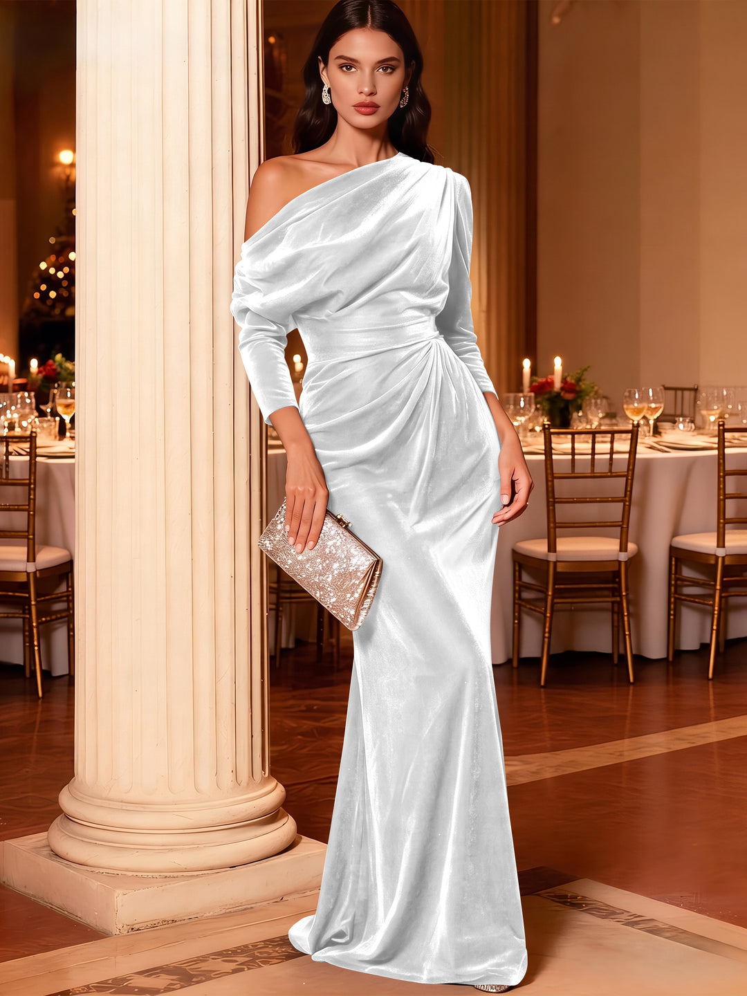 Mermaid Velvet Evening Gown Christmas Party Floor Length One Shoulder Long Sleeves Elegant Formal Dress