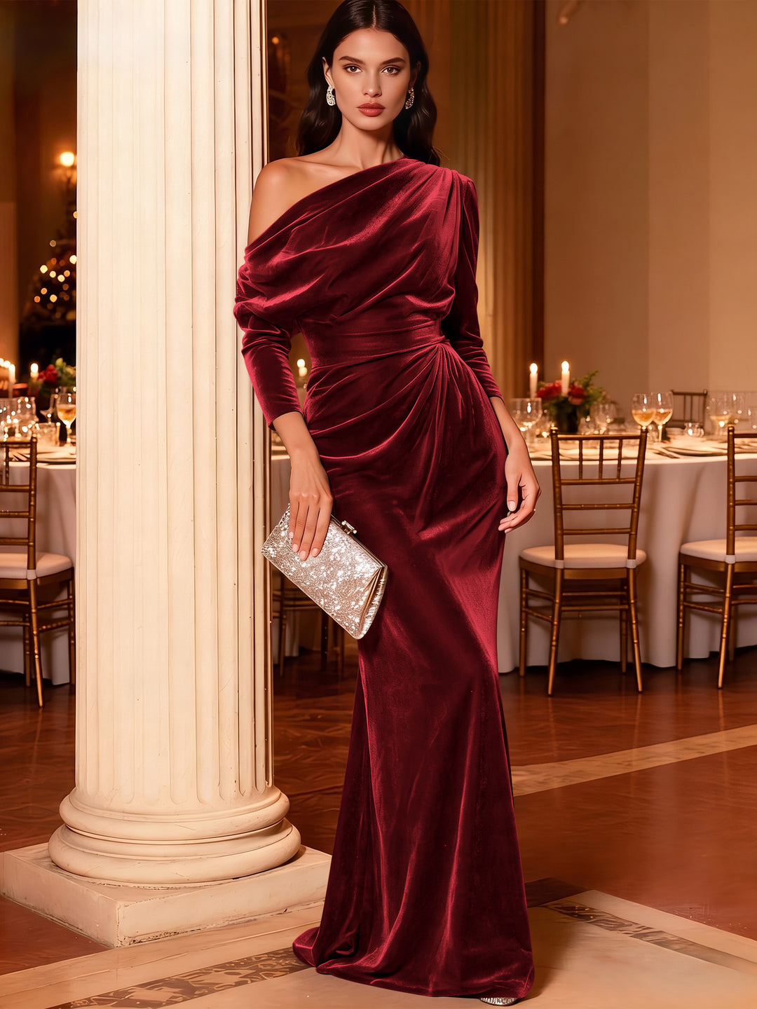 Mermaid Velvet Evening Gown Christmas Party Floor Length One Shoulder Long Sleeves Elegant Formal Dress