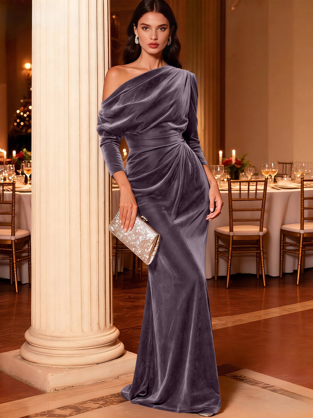 Mermaid Velvet Evening Gown Christmas Party Floor Length One Shoulder Long Sleeves Elegant Formal Dress
