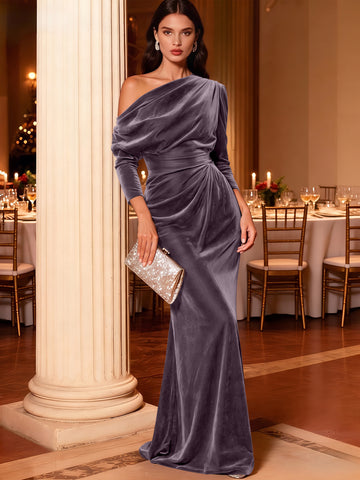 Mermaid Velvet Evening Gown Christmas Party Floor Length One Shoulder Long Sleeves Elegant Formal Dress