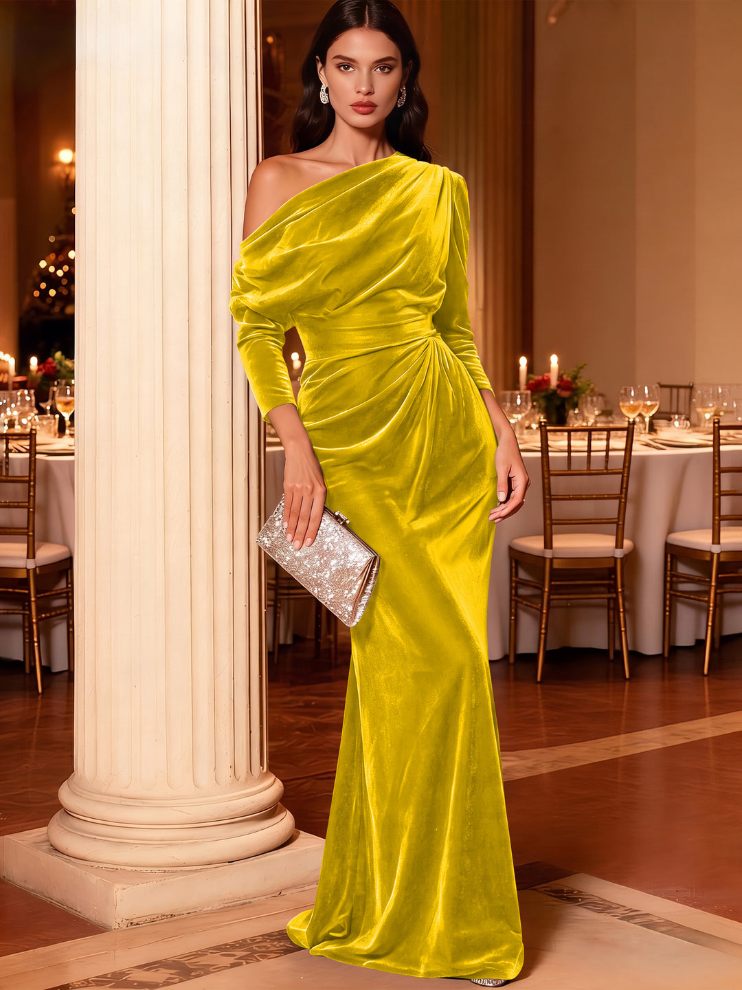 Mermaid Velvet Evening Gown Christmas Party Floor Length One Shoulder Long Sleeves Elegant Formal Dress