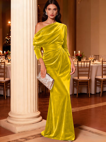 Mermaid Velvet Evening Gown Christmas Party Floor Length One Shoulder Long Sleeves Elegant Formal Dress